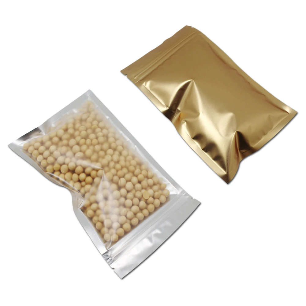 50Pcs/Lot Plastic Ziplock Food Storage Packing Bag Front Clear Back Gold Reclosable Zipper Seal Snack Nut Package Pouch