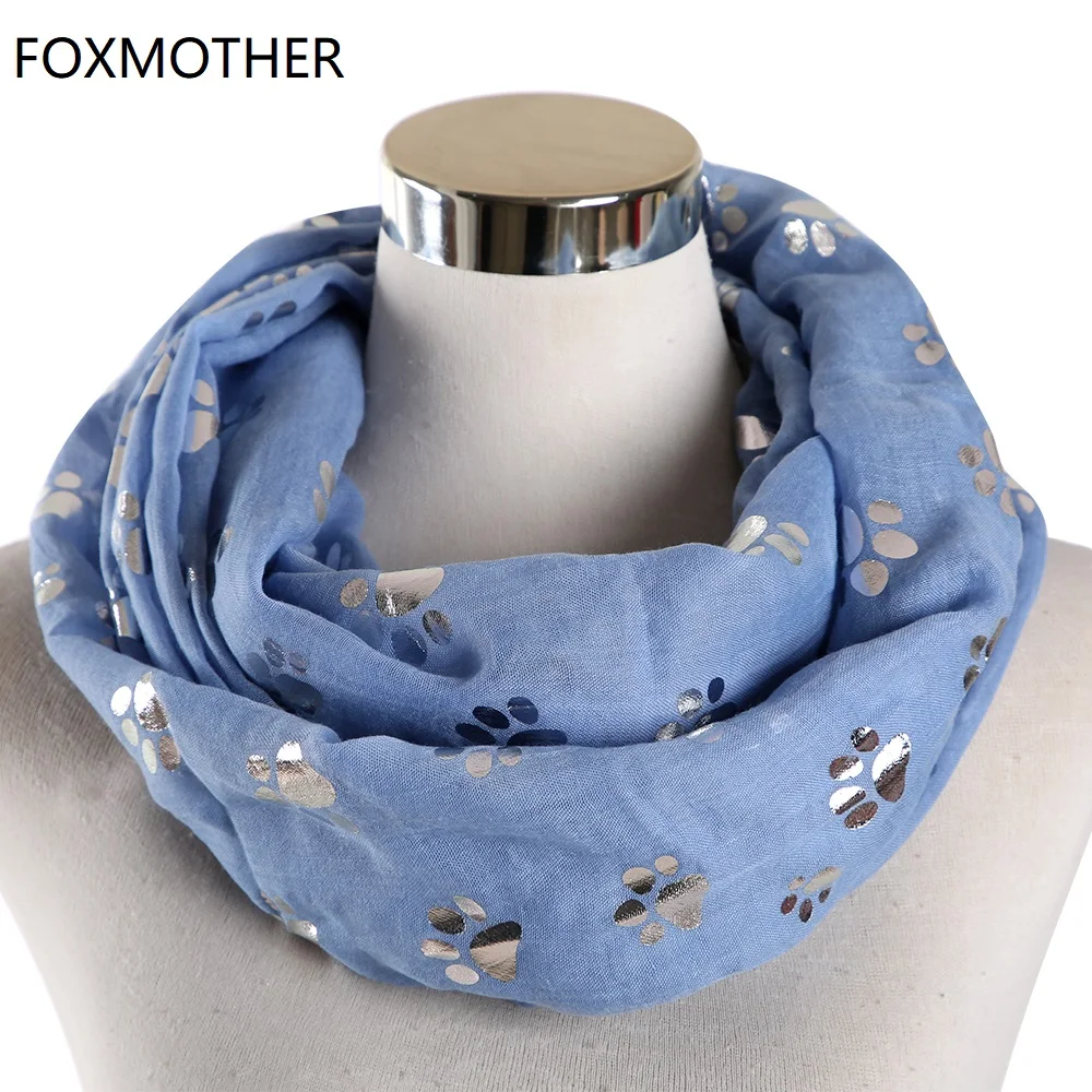 FOXMOTHER New Fashion Blue Grey White Color Foil Sliver Cat Dog Paw Scarf Snood Ring Infinity Scarf Women Ladies