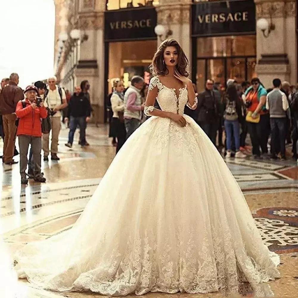 Vestido de novia Vintage de media manga, traje con apliques de encaje, talla grande, 2024