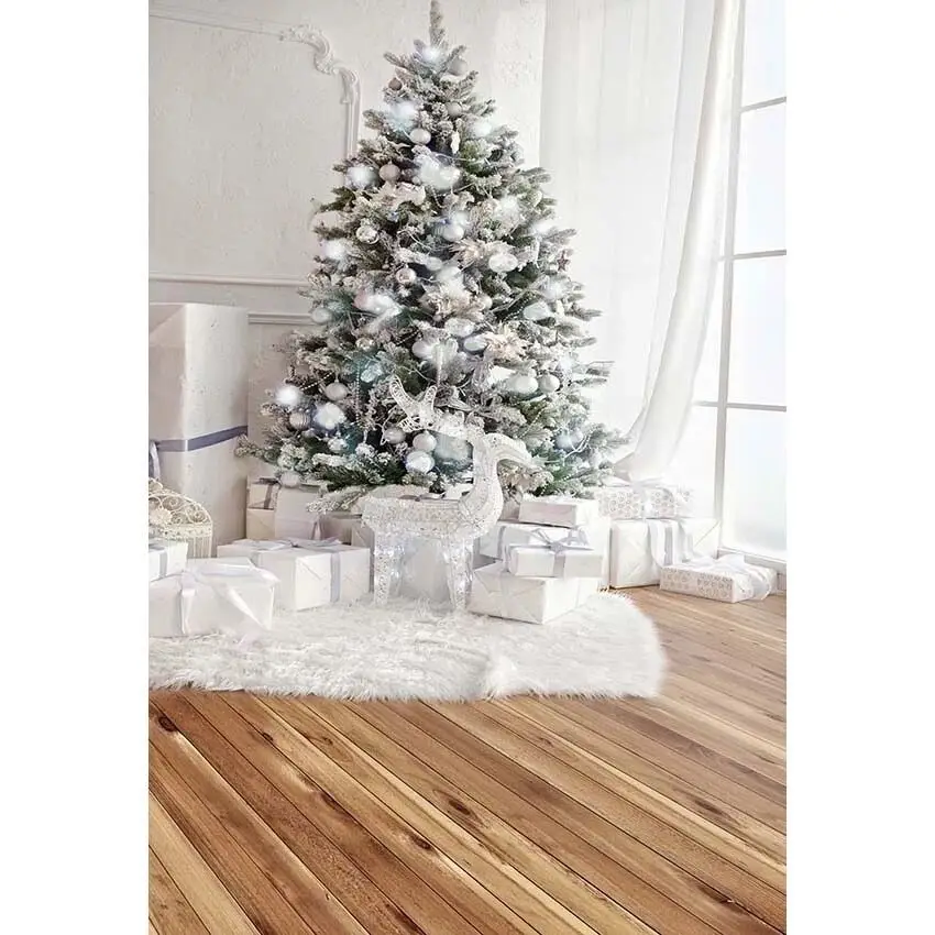 Indoor Christmas Tree Backdrop Vinyl Printed Present Boxes Toy Elk Window White Curtain Kids Family Party Photo Shoot Background