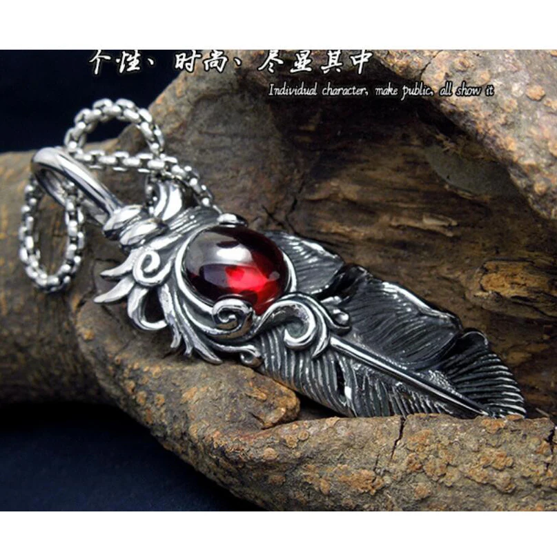 Red Opal pomegranate stainless steel feather pendant man necklace fashion mens jewelry