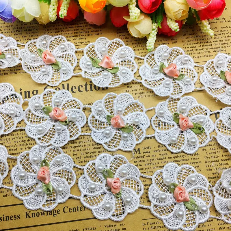 10X للذوبان زهرة الورد اللؤلؤ المطرزة شبكة الفرنسية الدانتيل تقليم الشريط النسيج لوازم الخياطة الحرفية لفستان مُصمم حسب الطلب قبعة ديكور #2