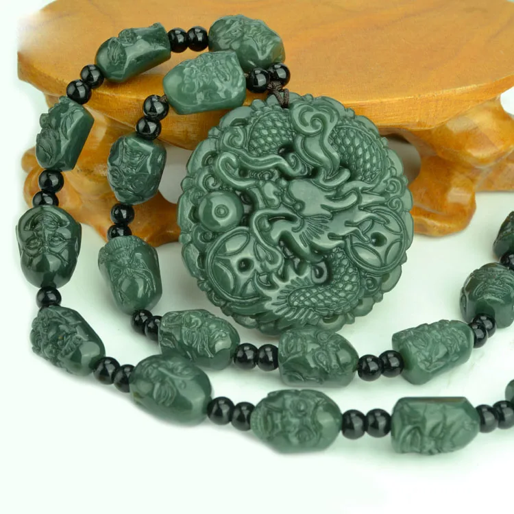 

Beautiful Natural Dark Green HeTian Jade Carved Chinese Dragon Lucky Amulet Pendant + Free Necklace Fine Jewelry