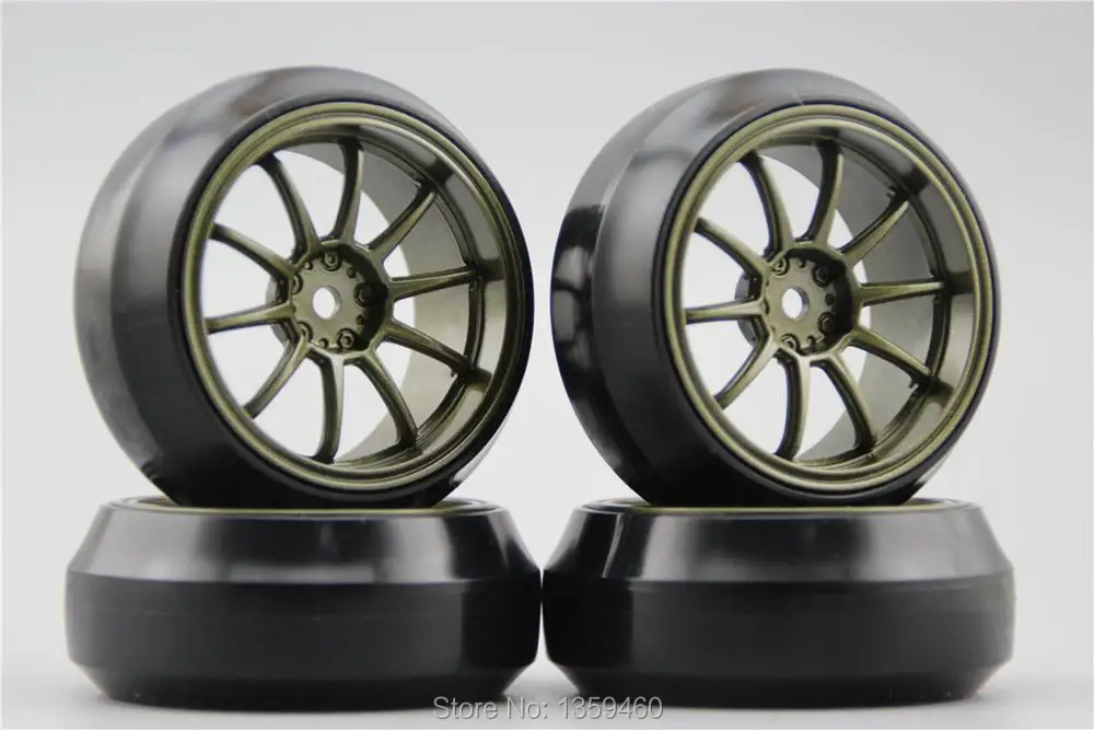 4 pz RC 1/10 Drift Disco Pneumatico della gomma della Rotella Rim W10S2BR 4mm Offset (Pittura Brozen) Adatto Per 1:10 Auto Drift