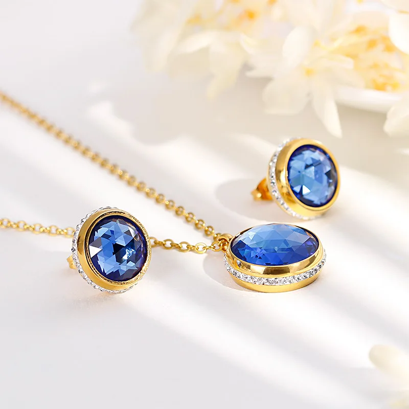 Kalen Dubai Jewelry Sets For Women Gold Color Stainless Steel Colorful Glass Necklaces & Earrings Sets Rhinestone Party Gifts