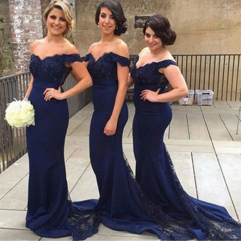 

Navy Blue Evening Dresses Off The Shoulder Mermaid Style Appliques Formal Party Dresses Sweep Train 2019 Hot Sale Evening Gown