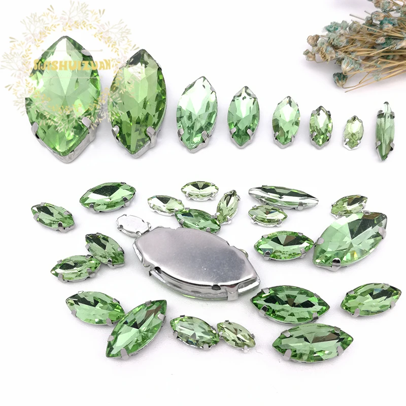 Popular!!  MIX Light green Horse eye Size Crystal Glass Sew-on Rhinestones Silver Bottom DIY Women's Dresses and shoes 30pcs