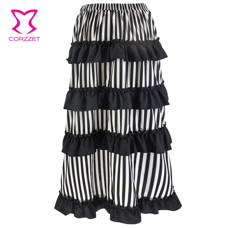 Black And White Striped Long Adjustable Asymmetrical Ruffle Vintage Steampunk Skirts Women Sexy Skirt Victorian Gothic Clothing