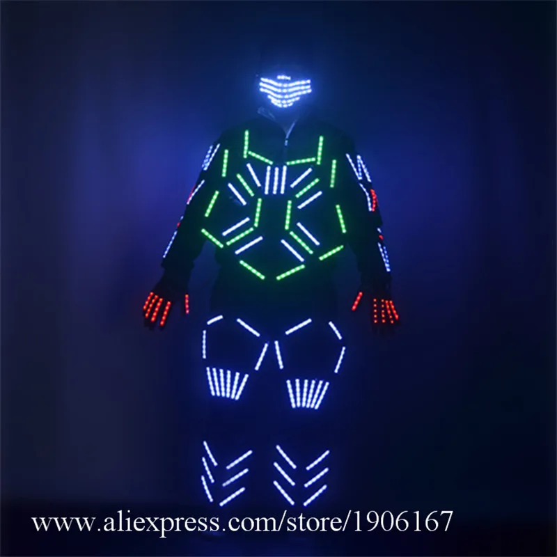 Colorful Led Illuminated Robot Suit With Mask Gloves Outfits Nightclub Led Luminous Clothing LED Magic Light Up Clothes Armor