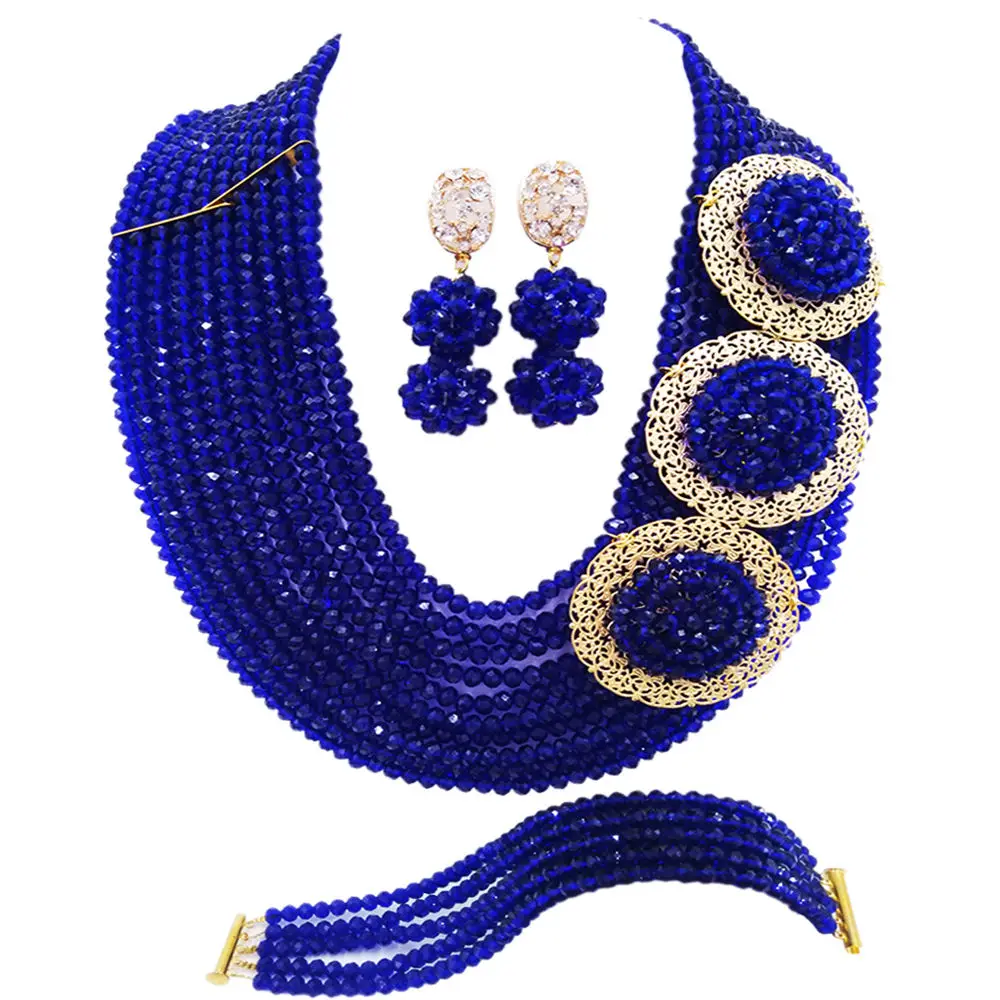 

Royal Blue African Necklace Bracelet Earrings Nigerian Wedding Accessories Bridal Party Jewelry Sets 10SPH05