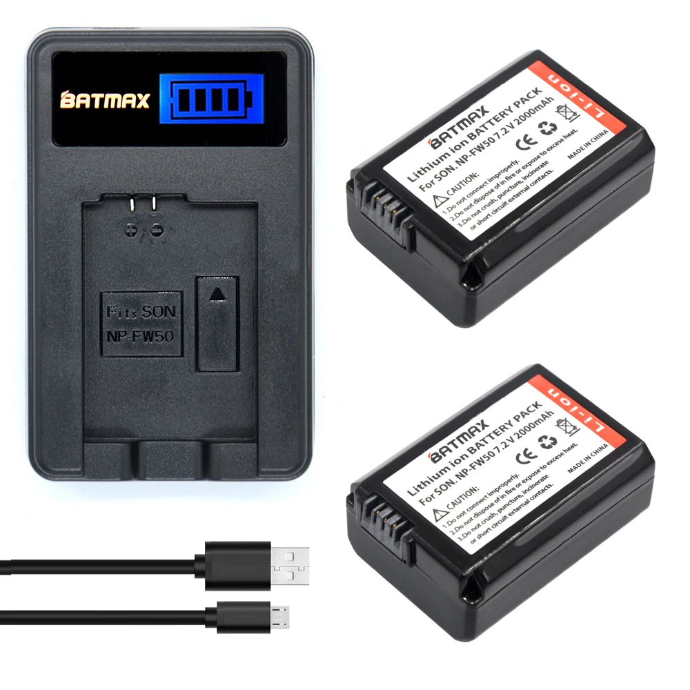 2pcs NP-FW50 NP FW50 Camera Battery + USB LCD Display Charger for SONY NEX 5T 5R 5TL 5N 5C 5CK A7R A7 F3 3N 3CA55 A37 A5000