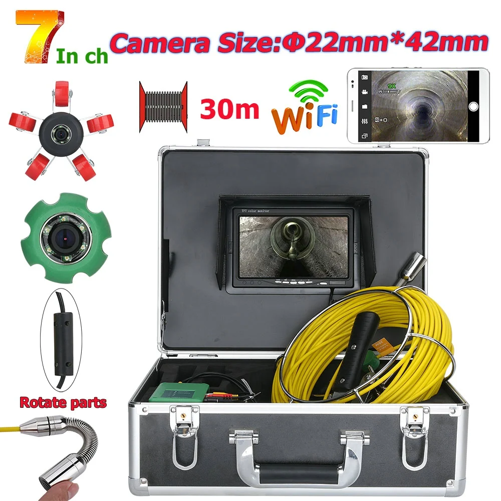 7inch 22mm Drain Pipe Sewer Inspection Camera WiFi Wireless DVR System 20M 30M 40M Waterproof Camera 1000 TVL With 6W LED Lights