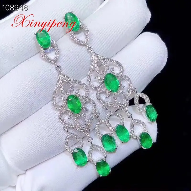 

Xin yi peng 925 silver plated white gold inlaid natural emerald eardrop women earrings beautiful