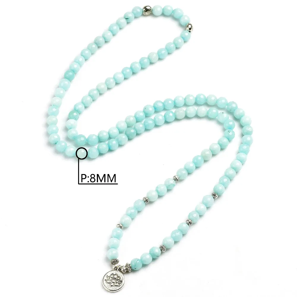 8mm Faced Natural Blue Chalcedony 108 Mala Beads Bracelet Buddhist Om Charm Bracelet For Women Handmade Men Bangle Jewelry Gift