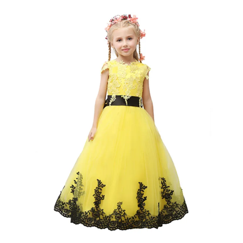 Robe de demoiselle d'honneur jaune en dentelle et Tulle, robe de première Communion pour filles, robe bouffante de concours, robe de bal pour enfants