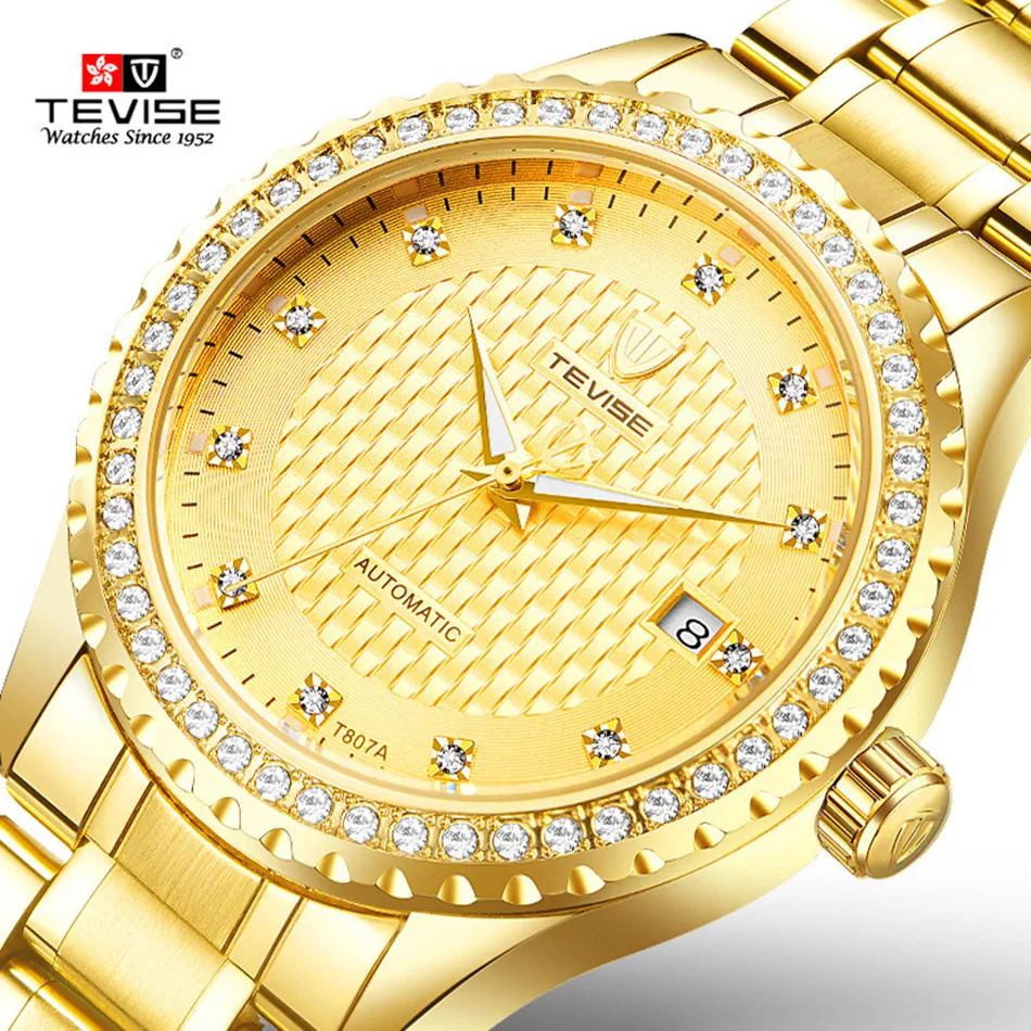 TEVISE Full Gold Clock Men Automatic Watch Luminous Stainless Steel Watchband Date Luxury Men Watch Fashion New 2024