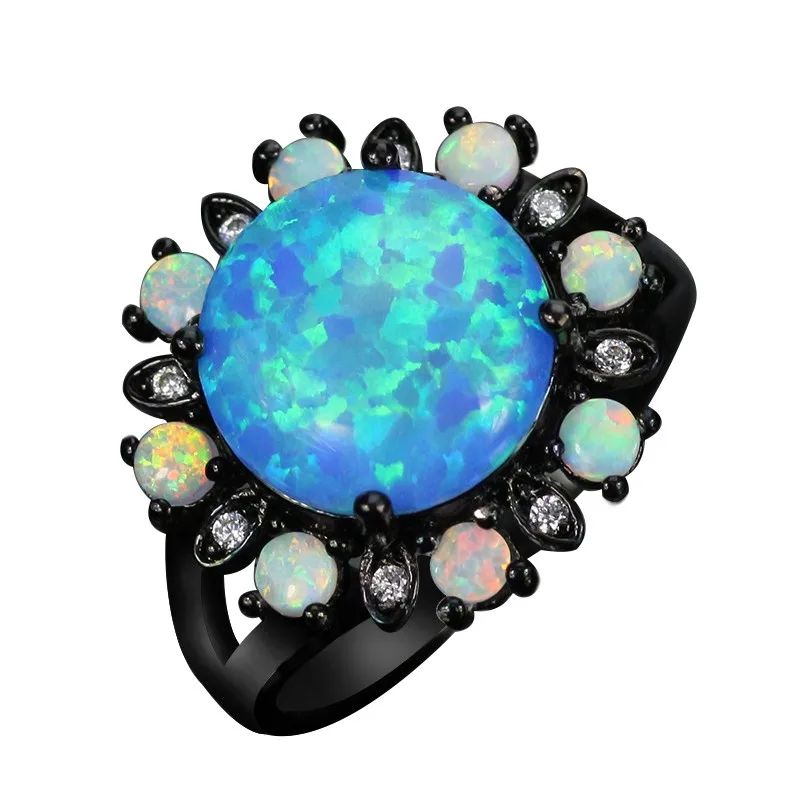 

JLR-2166 Gorgeous Flower Blue Fire Opal Black Gun Plated Rings Fashion Evening Party Cocktail Ring For Women Wedding Ring