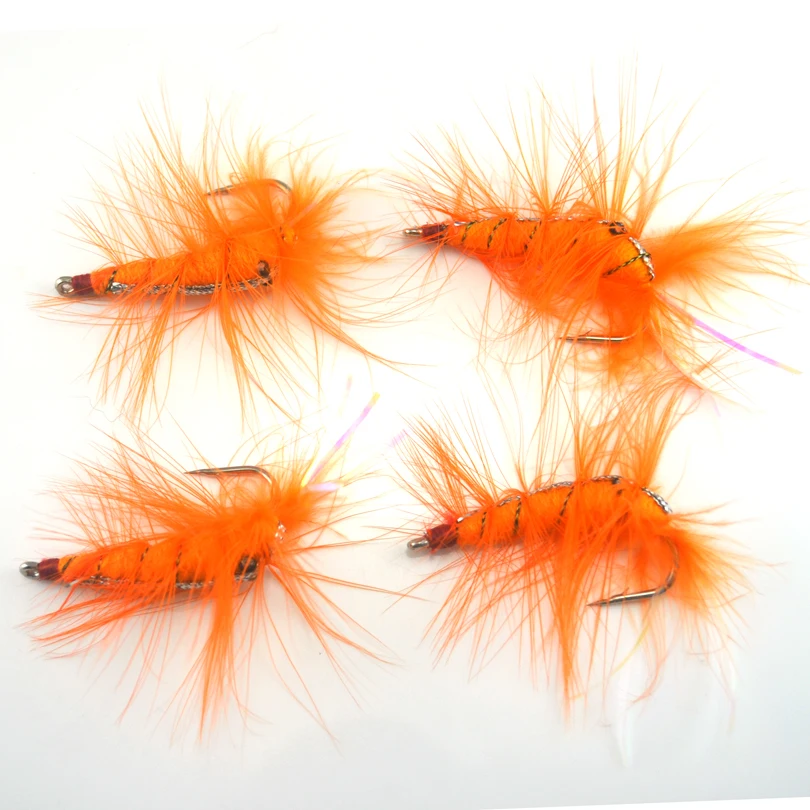 MNFT 4Pcs Orange Shrimp Saltwater Bait Fish Flies with Rainbow Flashabou Tail Artificial Trout Fly Fishing Hooks