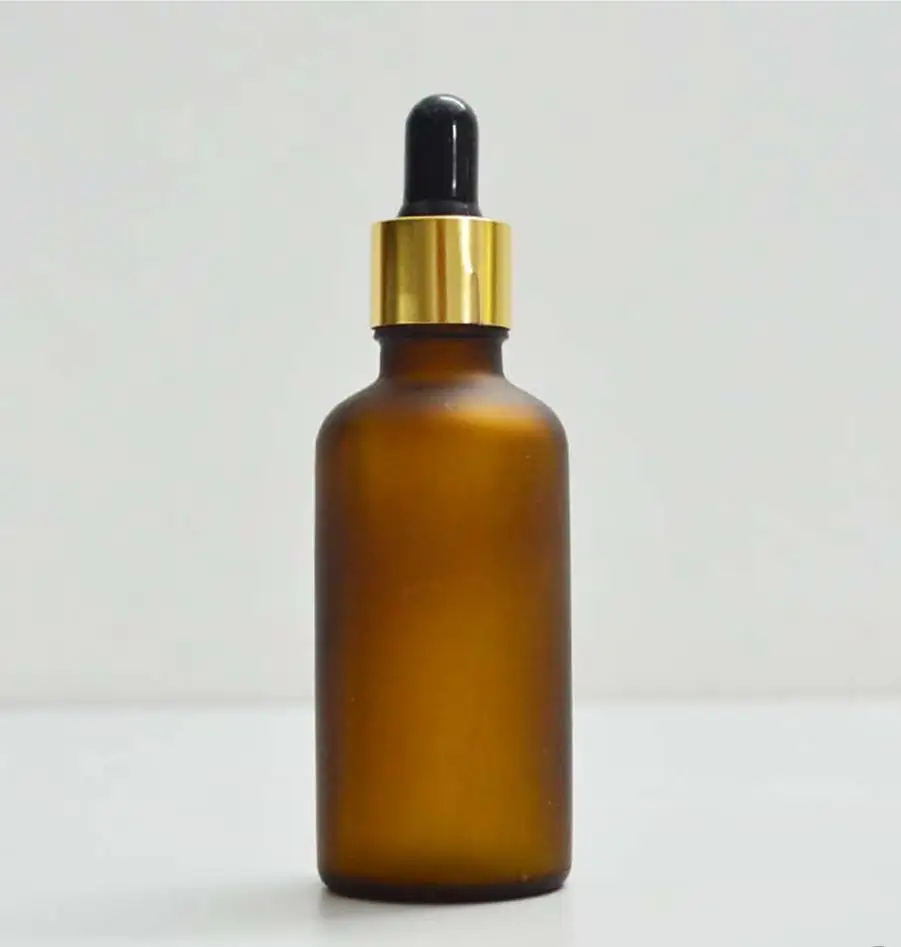 wholesale empty brown 50ml frosted essential oil glass dropper bottle ,amber frost glass 50ml Dropper bottle with gold dropper