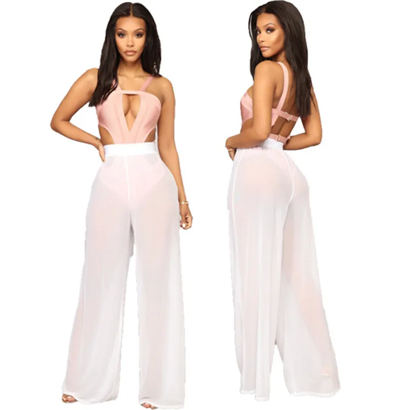 Plus Size 2XL Summer Beach Mesh Bikini Cover Ups Women Beach Dress Transparent Long Pants Wide Leg Trousers Swimsuit