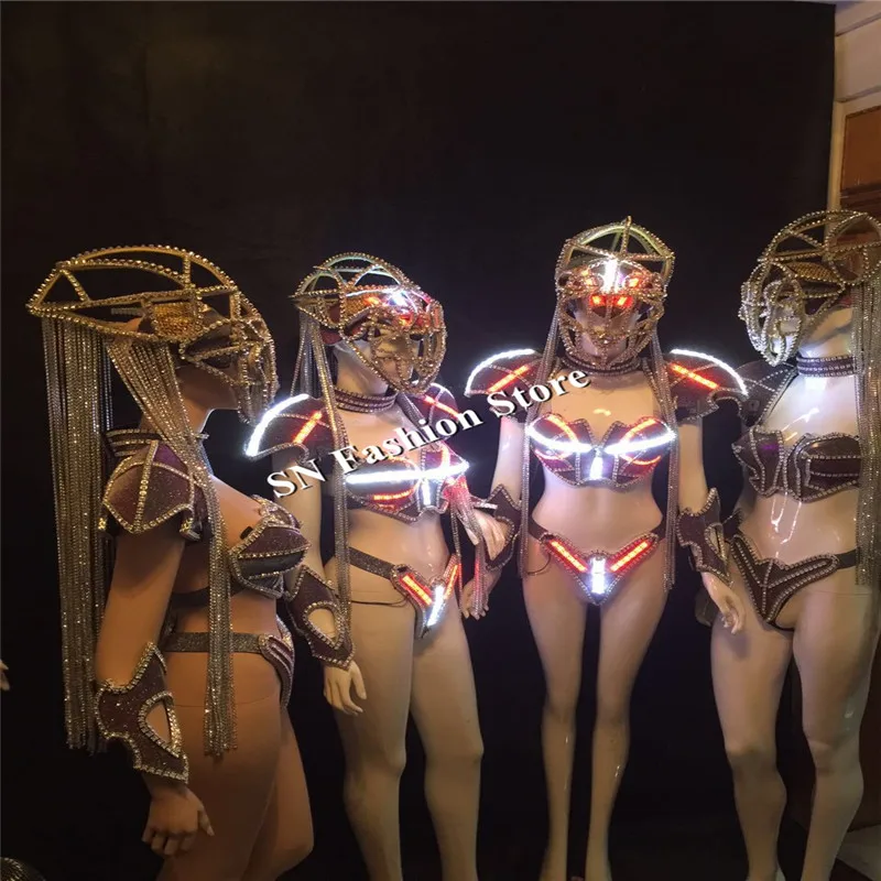 AS86-1 Sexy ballroom dance women dresses led light costumes with bra helmet robot men dj led luminous bar model wears clothes dj