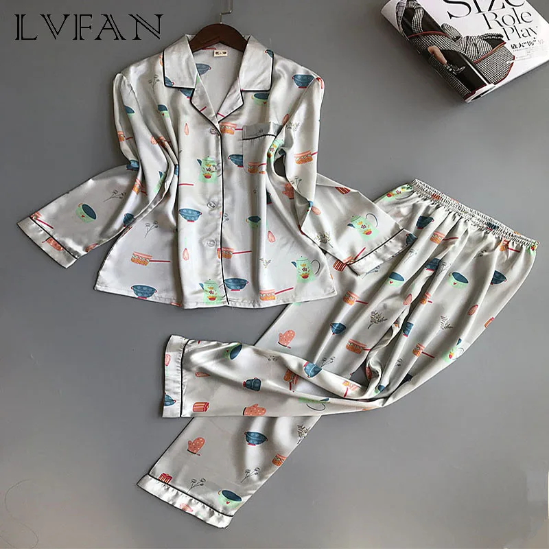 

New Style Emulation Silk Comfort Women's Lingerie Long-sleeved Cardigan Silk Pajamas Suit Home Sleep Wear Set ARL004