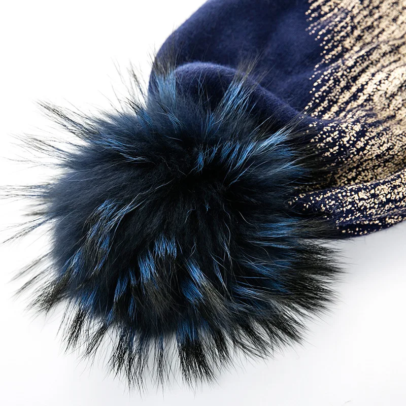 Wool Blends Metallic Beanie Knit Hat With Fur Pom Pom Slouchy Women Winter Hats