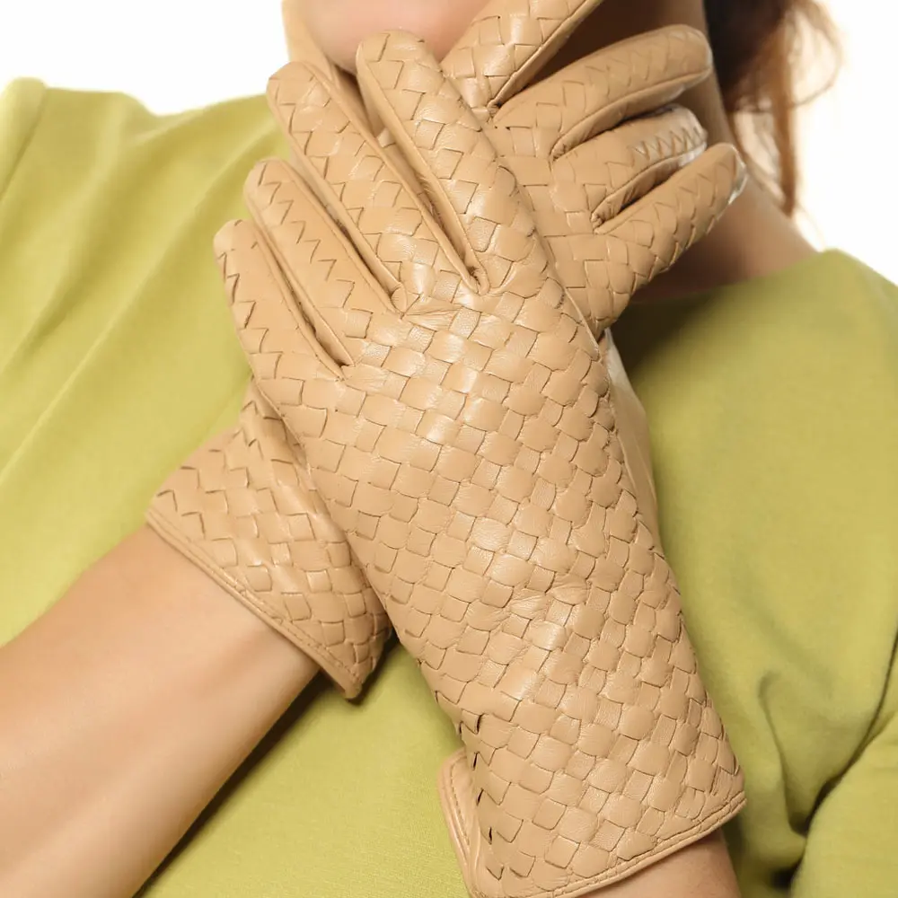 Guantes de piel auténtica para mujer, guantes elegantes tejidos a mano de piel de oveja, tendencia de moda, L118NN-1 forrados de nailon