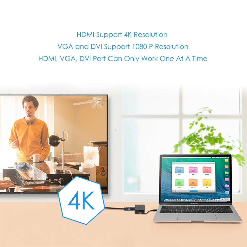 كابل 3 في 1 USB C Hub ذكر إلى DVI + 4K + VGA أنثى USB C محول نوع-C إلى DVI/VGA لماك بوك (برو) باد برو