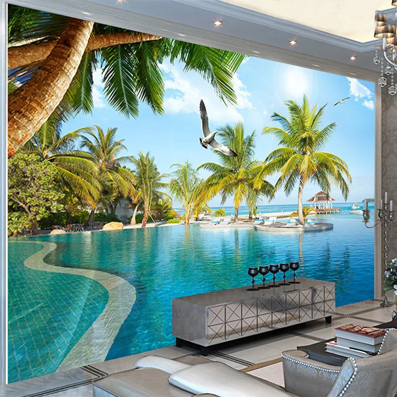 Foto Behang 3D Stereo Zwembad Seaside Landschap Muurschilderingen Woonkamer Thema Hotel Achtergrond Muur Doek Papel De Parede