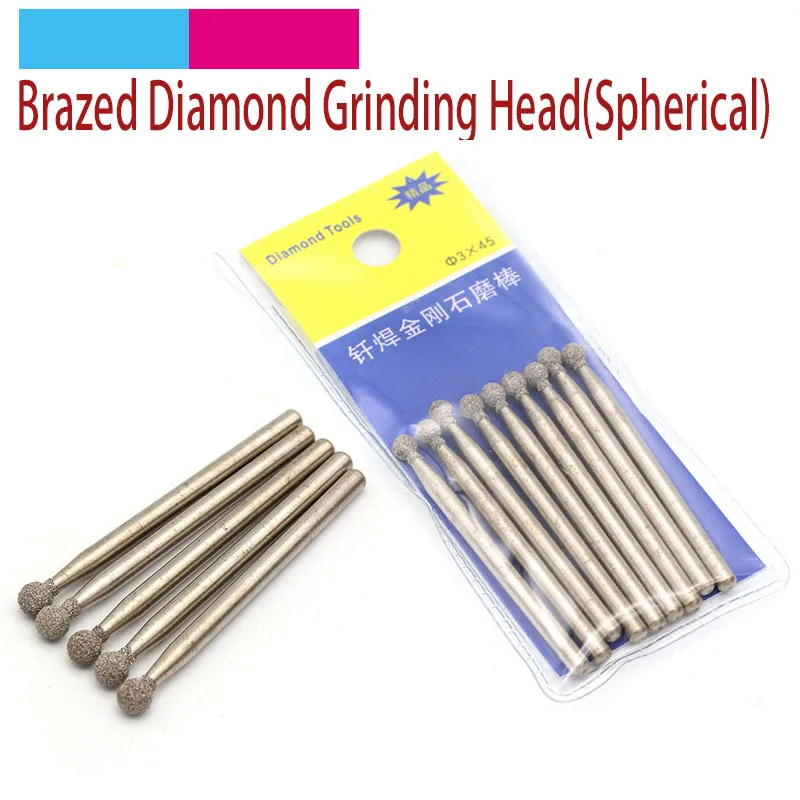 

5pcs 3mm Shank Spherical Brazed Diamond Grinding Head Burrs Carving Peeling Bits For Jade Stone Glass Metal Ceramic Mill