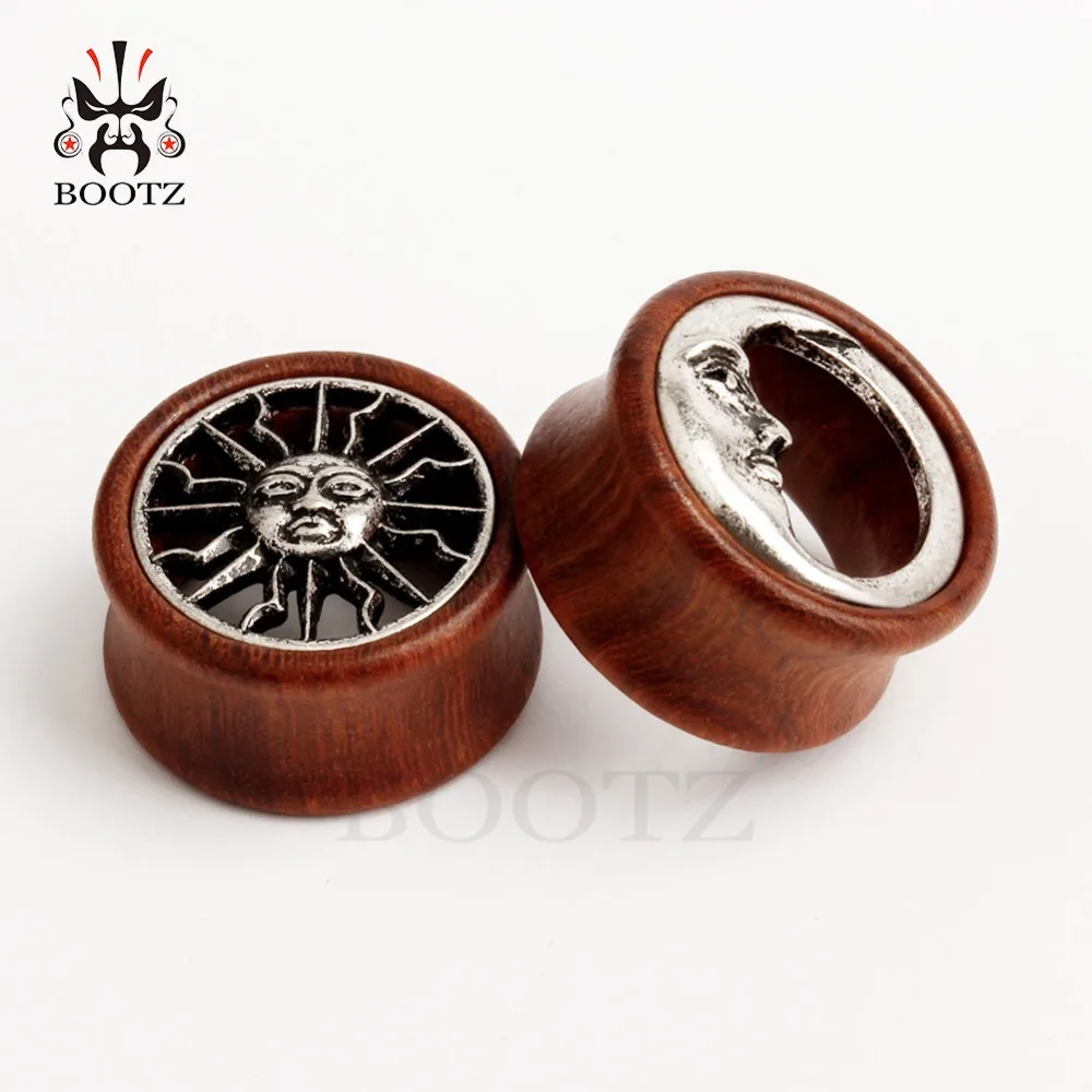 KUBOOZ 2PCS Asymmetric Wood Ear Piercing Tunnel Earrings Moon Sun Plugs Stretcher Fashion Body Jewelry Gauges Gift Women Men