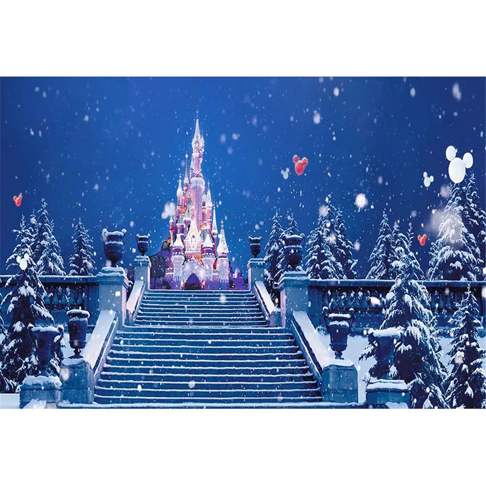 

Blue Night Sky Snowflakes Winter Background Stairs Printed Pine Trees Balloons Castle Kids Christmas Party Photo Booth Backdrop