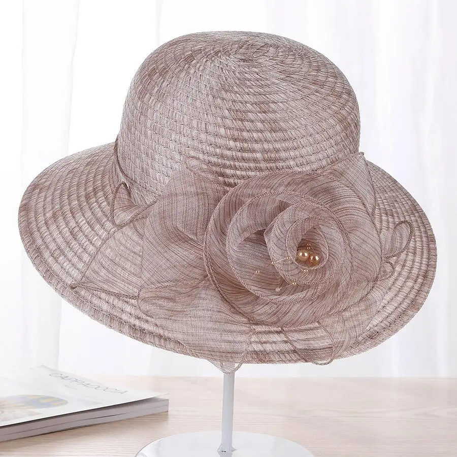 jiangxihuitian 2018 new Pearls Sun-shading Hat Female Summer lace Flowers Sun Hat Anti-uv Beach Hat Folding Wide Church hat