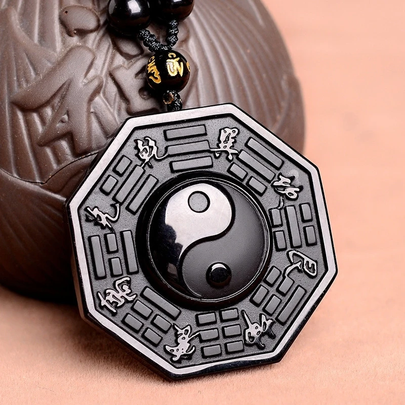 Natural Black Obsidian Carved Chinese Faced BaGua Lucky Amulet Pendant + Free Necklace Fashion Crystal Fashion Jewelry