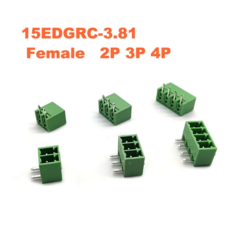 50pcs Pitch 3.81mm Screw Plug-in PCB Terminal Block 15EDGK Right Angle Pin 2P 3P 4P Male/Female Pluggable Connector Morsettiera