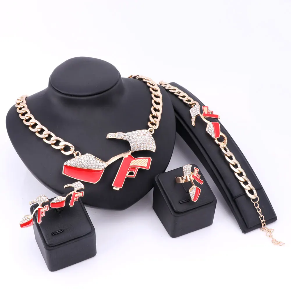 Fashion Hip Hop Golden Statement Red Enamel Crystal Pistol High-heeled Shoes Pendant Party Gift Necklace Bracelet Earring Ring