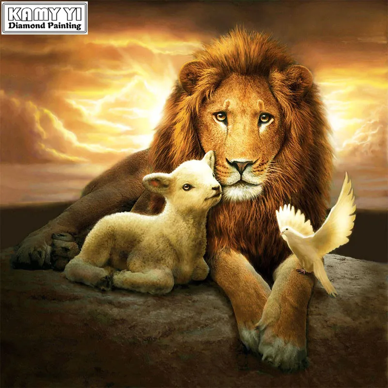 DIY Diamond Embroidery Patterns 5D Full Diamond Painting Needlework Painting Lion Lamb Dove In Dawn Wall Arts Decor YY