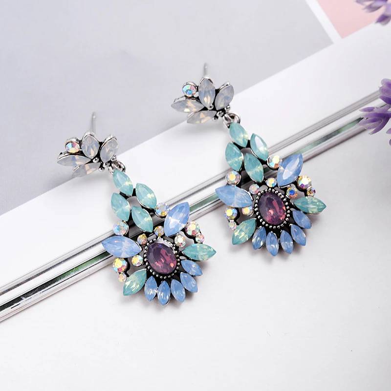 Elegant Blue Purple Crystal Stone Flower Pendant Dangle Earrings Women Rhinestone Acrylic Flower Girl\'s Gift Party Jewelry