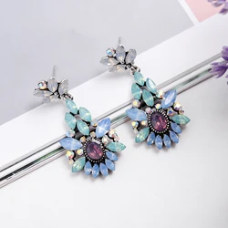 Elegant Blue Purple Crystal Stone Flower Pendant Dangle Earrings Women Rhinestone Acrylic Flower Girl's Gift Party Jewelry