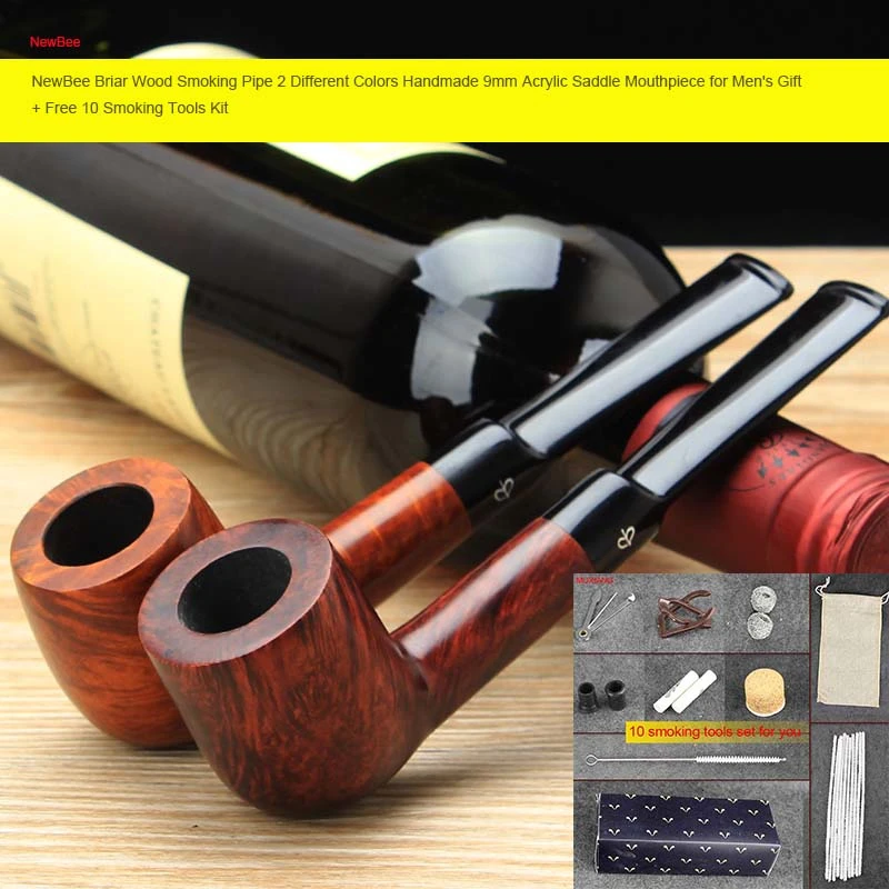 RU- NewBee Free 10 Tools Briar Wood Smoking Pipe Different Colors Acrylic Saddle Mouthpiece for Men's Gift + 9mm filter aa0007