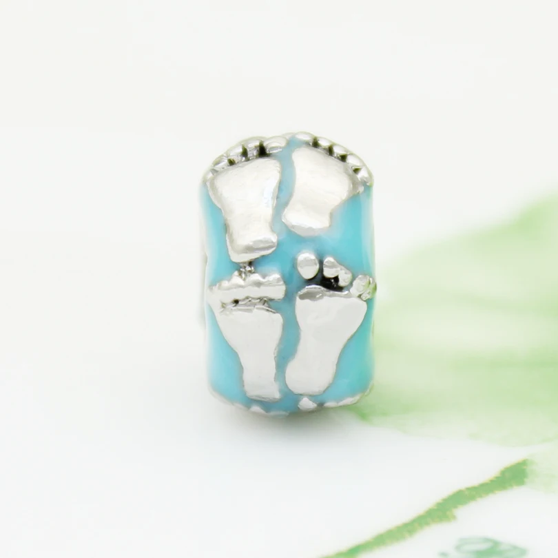 slide charm Free shipping Children's charm blue baby footprints fit Pandora bracelet