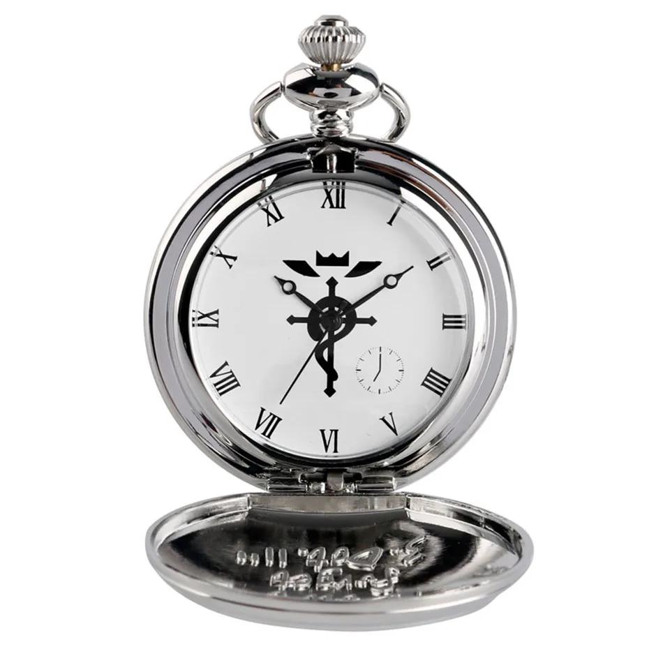 New Silver Case Fullmetal Alchemist Pocket Watch Cosplay Edward Elric with Big Chain Anime   boys Gift wholesale Price P423C