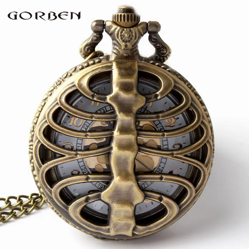 

Retro Steampunk Bronze Spine Ribs Hollow Quartz Pocket Watch Necklace Pendant sweater chain Women Gift P105