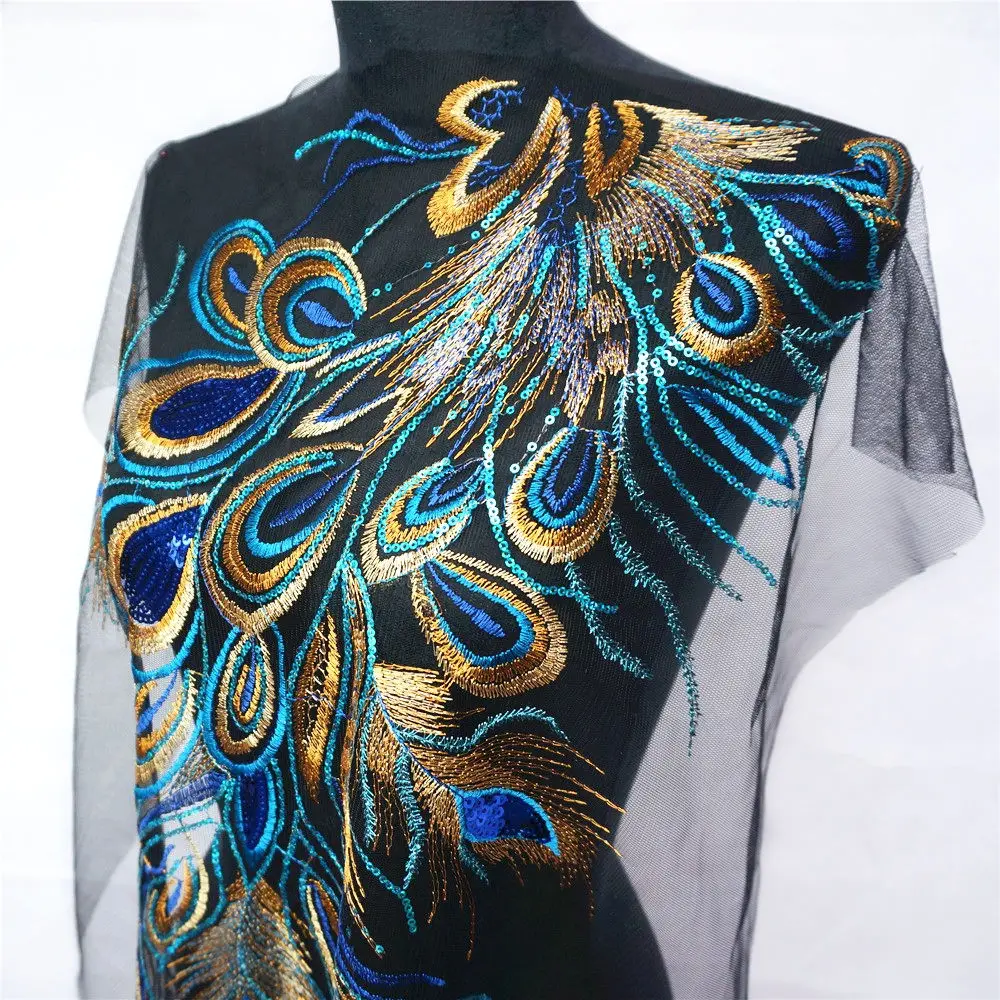 Big Size Blue Sequins Embroidered Phoenix Peacock Feather Black Mesh Wedding Appliques Lace Trims Sew On Patches For Dress DIY