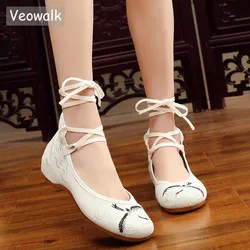 Veowalk Longevo Gru Pizzo Ricamato Cinghia di Tela di canapa di Balletto Appartamenti Epoca Fatti A Mano Delle Signore Casual Scarpe Comode Bianco