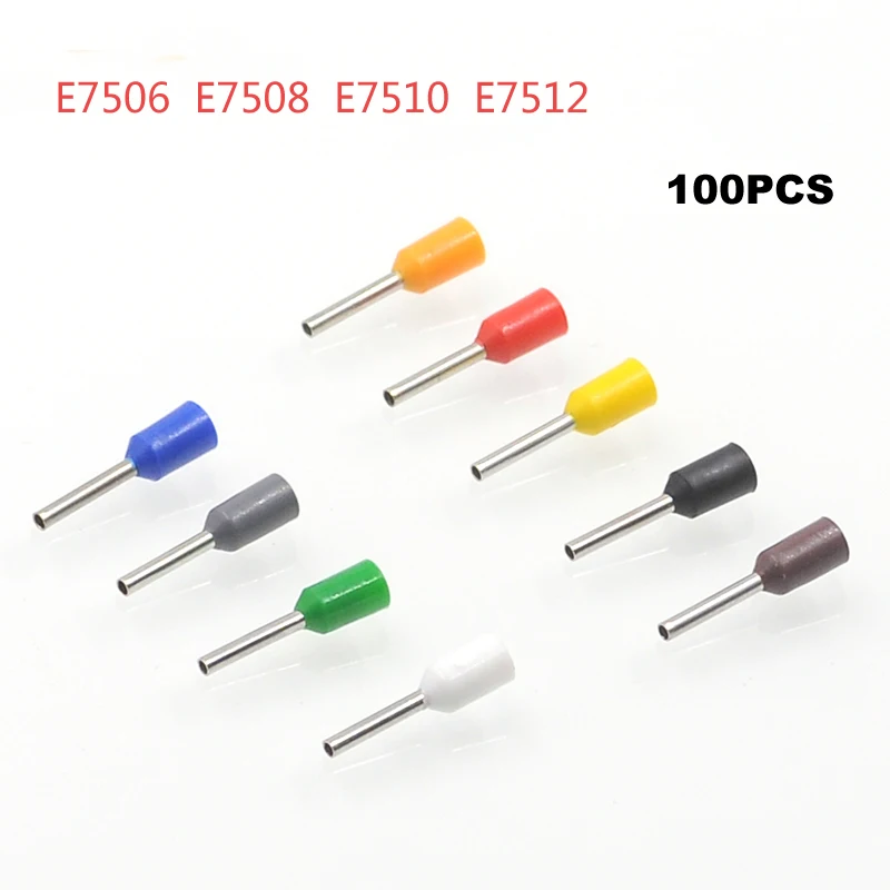 100Pcs Tube Insutated Cord End Terminals Electrical Crimp Terminal Wire Connector E7506 7508 7510 7512 Cable Ferrules VE 0.75mm2