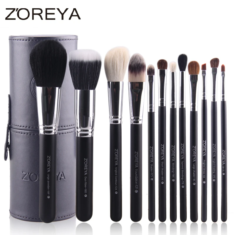 Zoreya Brand 12pcs Natural Goat Hair Makeup Brushes Women Professional Cosmetic Tool Make Up Holder Powder Brush Set Animal Wool