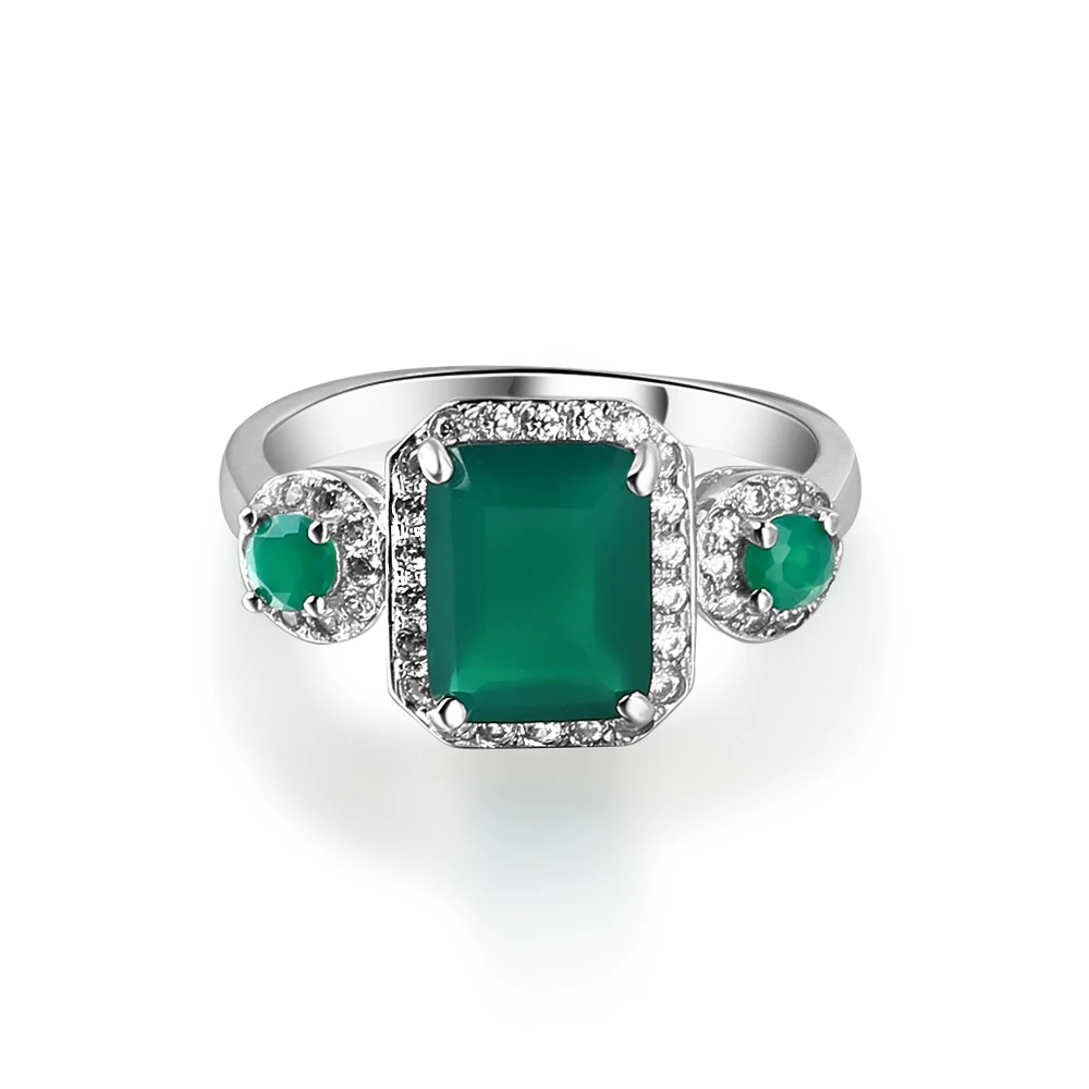 Gem\'s Ballet  2.28Ct Emerald Cut Natural Green Agate Gemstone Vintage Rings Solid 925 Sterling Silver Fine Jewelry For Women