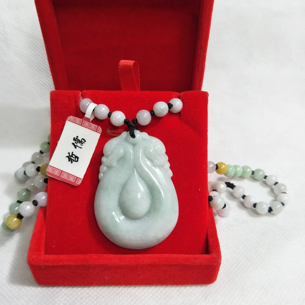 Zhe Ru Jewelry Pure Natural Jadeite Light Green Double Dragon Drop Shaped Pendant Tricolor Jade Bead Necklace A Class A Certific